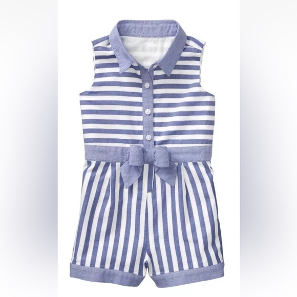 Janie and Jack Girls Boutique Romper Jumpsuit Collared Blue White Stripe Size 5